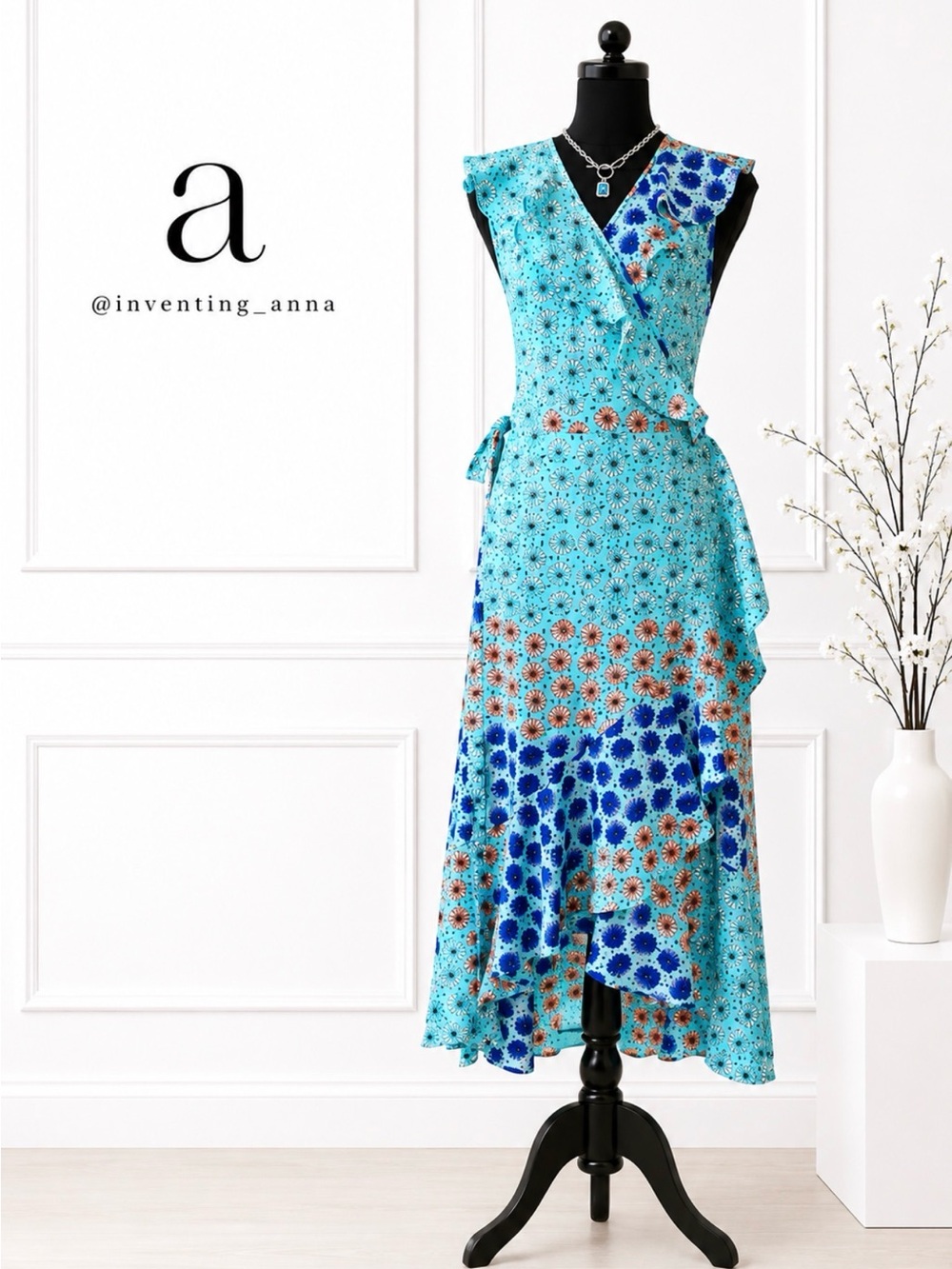 DONNA MORGAN Teal, Orange, and Blue Ruffled Floral High Low Wrap Dress